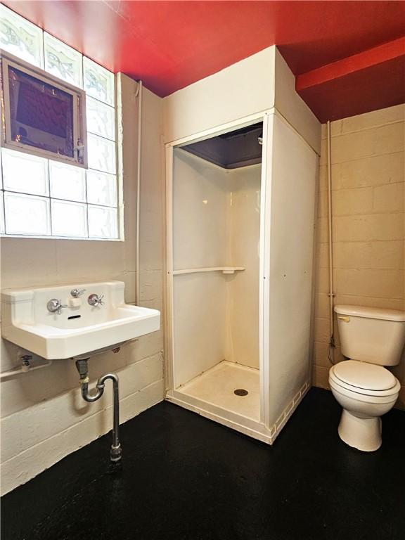 full bath with a sink, a stall shower, and toilet
