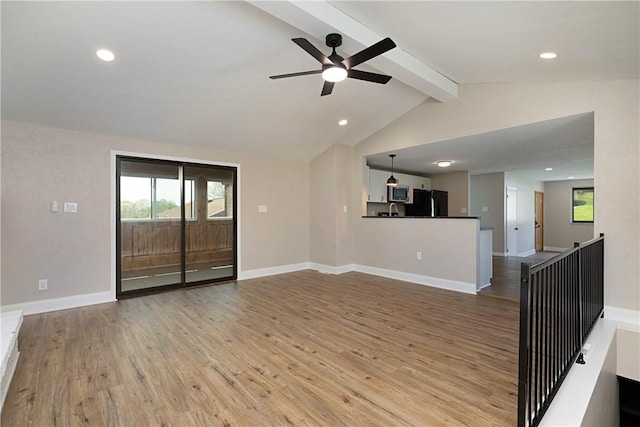 4917 Leona Dr, Baldwin Boro, PA 15227 - unfurnished living room featuring vaulted ceiling with beams, a ceiling fan, recessed lighting, and wood finished floors