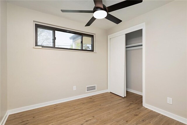 4917 Leona Dr, Baldwin Boro, PA 15227 - unfurnished bedroom with ceiling fan, visible vents, baseboards, a closet, and light wood finished floors