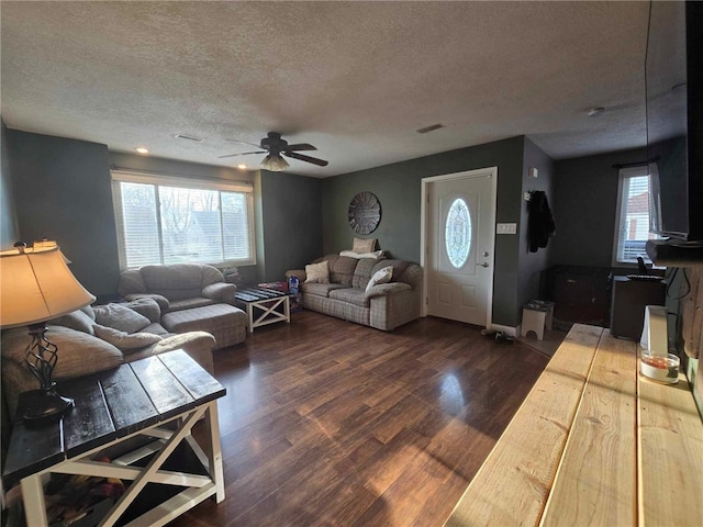 living area with plenty of natural light, a ceiling fan, dark wood-style flooring, and a textured ceiling