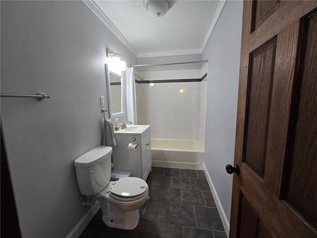 full bath with vanity, toilet, baseboards, shower / tub combo, and ornamental molding