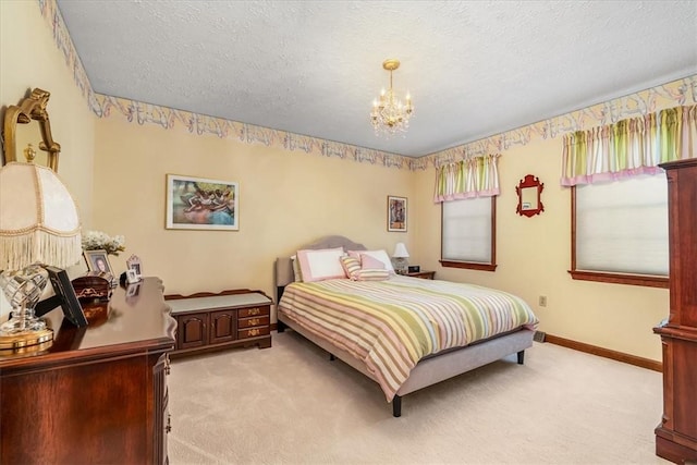 4012 Forest Dr, Hopewell Twp Bea, PA 15001 - bedroom with baseboards, light carpet, a textured ceiling, and a chandelier
