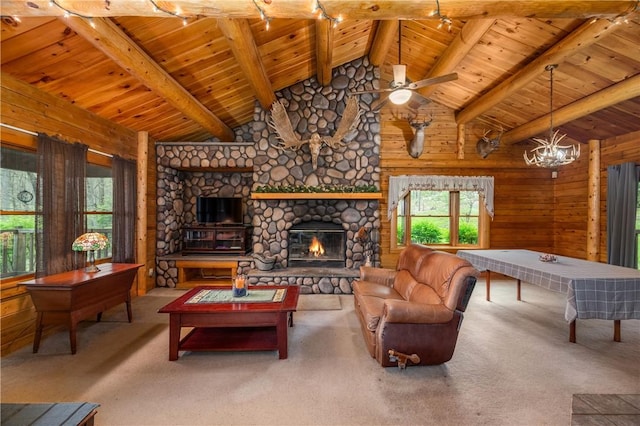 living room with wood walls, wooden ceiling, and a fireplace