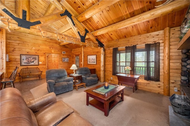 carpeted living room with vaulted ceiling with beams, wood walls, and wood ceiling