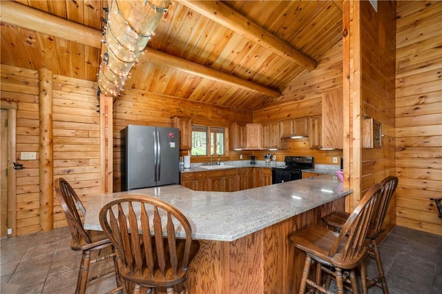 kitchen with black electric range, brown cabinets, a sink, wooden ceiling, and freestanding refrigerator