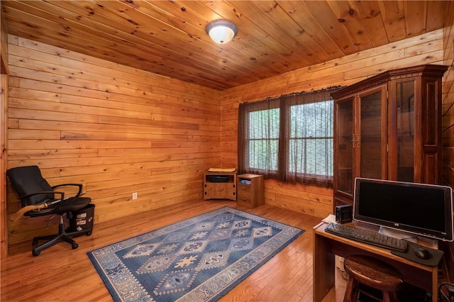 unfurnished office with wood-type flooring, wood ceiling, and wooden walls