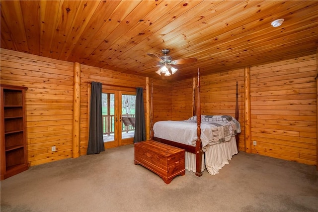bedroom with wooden walls, carpet floors, wood ceiling, and access to exterior