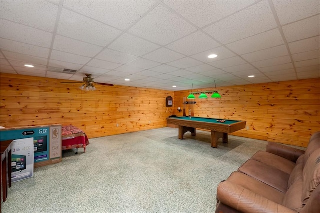 rec room with carpet floors, recessed lighting, billiards, and a paneled ceiling