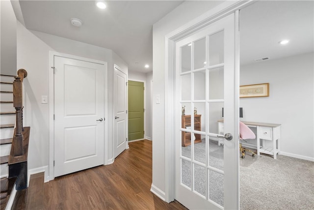 4404 Spruce Rd, Pine Twp Nal, PA 15044 - corridor with recessed lighting, baseboards, visible vents, and dark wood-style floors