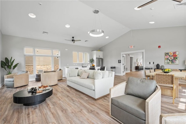 4404 Spruce Rd, Pine Twp Nal, PA 15044 - living room featuring light wood-style floors, a ceiling fan, lofted ceiling, and visible vents