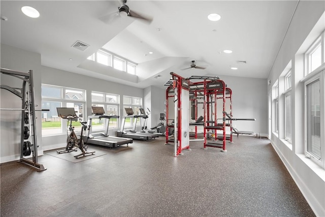4404 Spruce Rd, Pine Twp Nal, PA 15044 - exercise room with a ceiling fan, baseboards, recessed lighting, vaulted ceiling, and visible vents