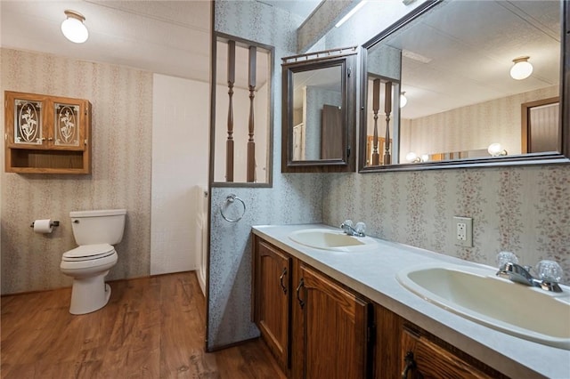 bathroom with a sink, double vanity, toilet, and wood finished floors