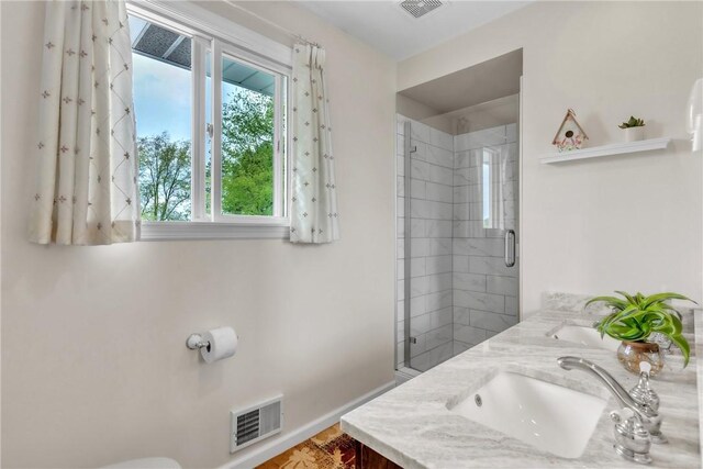 6181 Brown Rd, Penn Twp, PA 16002 - bathroom with healthy amount of natural light, a shower stall, and double vanity