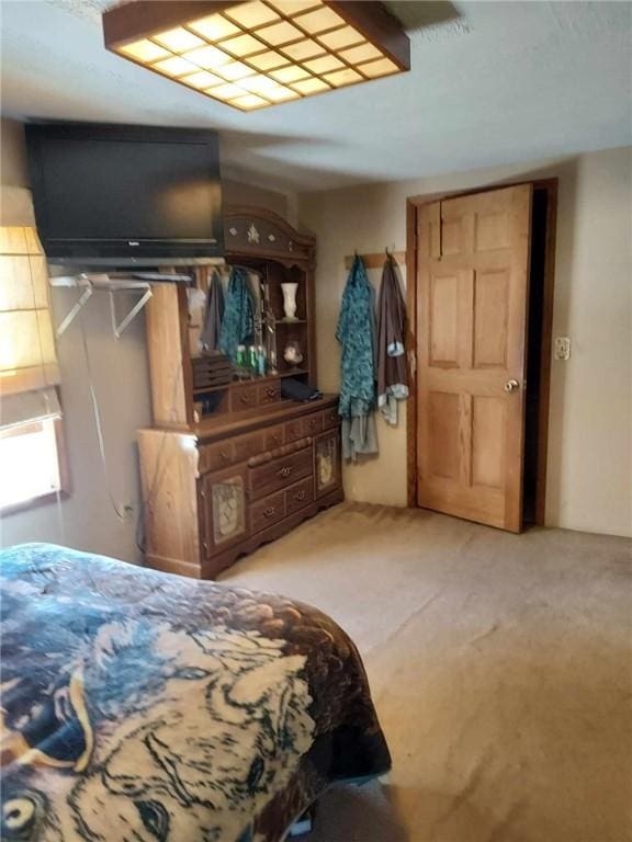 bedroom with light carpet