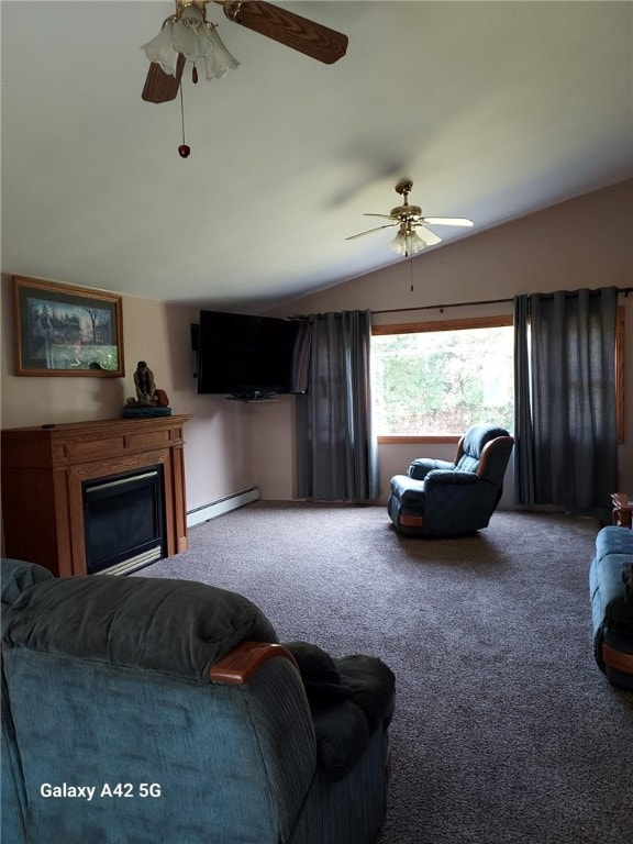 carpeted living room featuring a fireplace, a ceiling fan, lofted ceiling, and a baseboard radiator