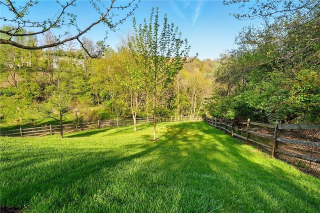 view of yard with fence and a wooded view