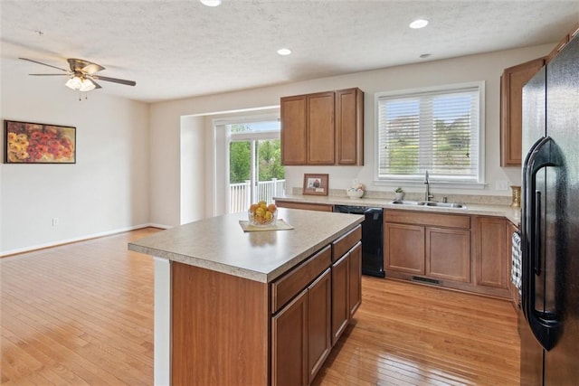 kitchen featuring light wood-style floors, a sink, black appliances, and a wealth of natural light