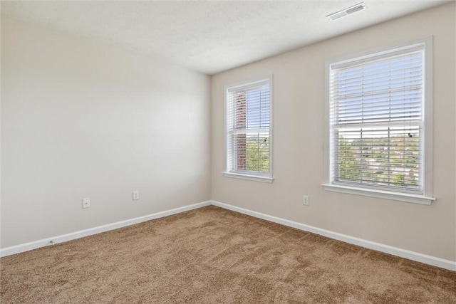 spare room featuring baseboards, visible vents, a wealth of natural light, and carpet