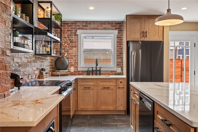 kitchen featuring a sink, electric range, open shelves, dishwasher, and light stone countertops