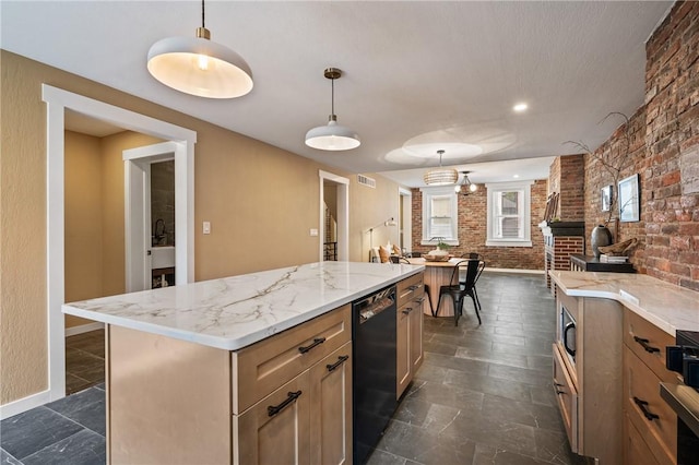 kitchen with brick wall, black dishwasher, baseboards, light stone counters, and pendant lighting