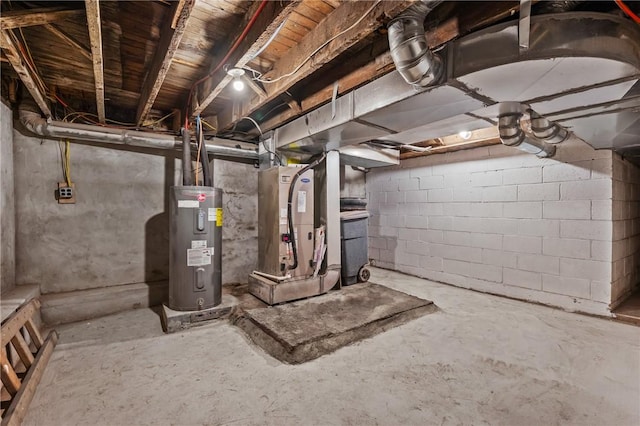 unfinished basement featuring electric water heater and heating unit