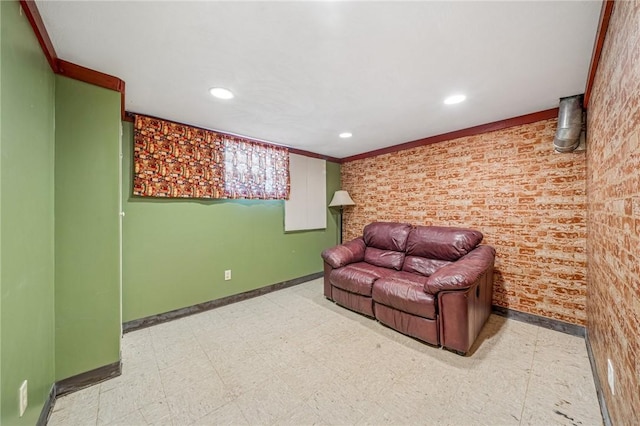 unfurnished living room featuring recessed lighting, ornamental molding, baseboards, and tile patterned floors