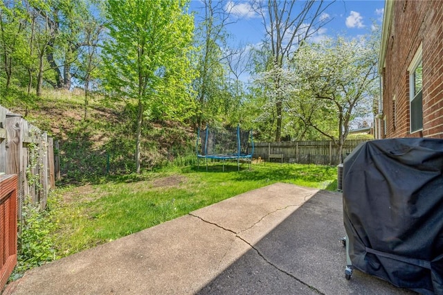 view of yard featuring a patio, a fenced backyard, and a trampoline