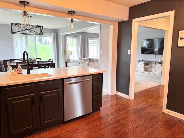 2001 Trillium Ct, North Strabane, PA 15317 - kitchen featuring an inviting chandelier, a sink, dark wood finished floors, dishwasher, and hanging light fixtures
