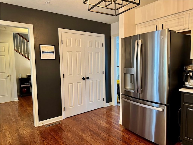 2001 Trillium Ct, North Strabane, PA 15317 - kitchen featuring dark wood-type flooring, stainless steel refrigerator with ice dispenser, a chandelier, and visible vents