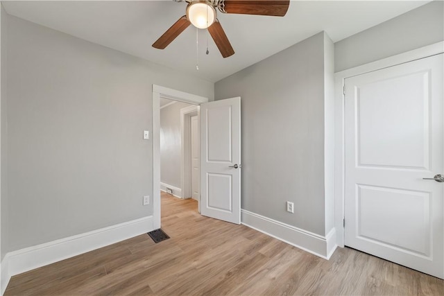 848 Ohio Ave, Monaca, PA 15061 - unfurnished bedroom with light wood-style floors, baseboards, ceiling fan, and visible vents