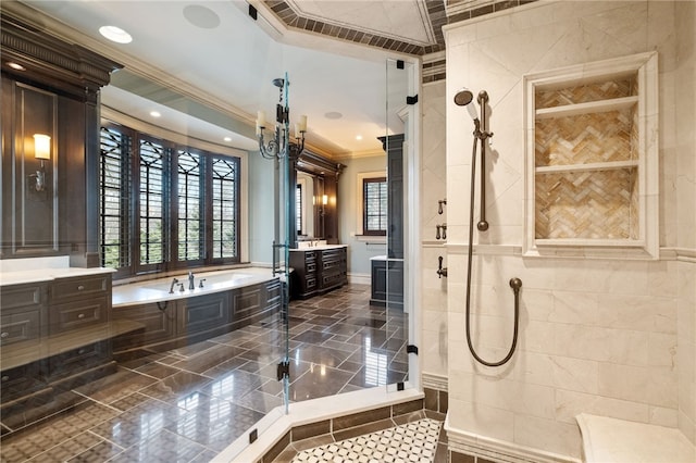 full bath featuring crown molding, a walk in shower, and a bath
