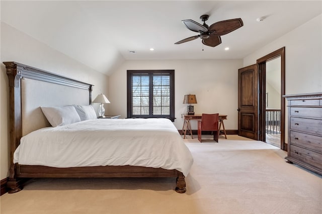 bedroom with ceiling fan, light carpet, recessed lighting, baseboards, and visible vents