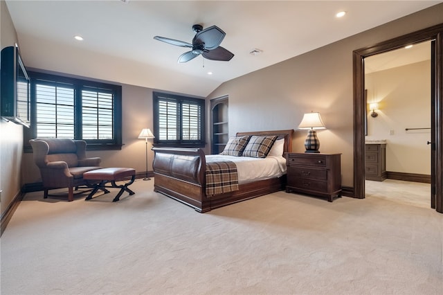 bedroom with baseboards, light colored carpet, recessed lighting, a ceiling fan, and vaulted ceiling