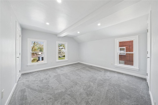 bonus room featuring carpet flooring, recessed lighting, baseboards, and vaulted ceiling