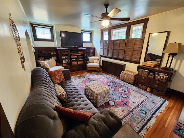 living room featuring radiator, a ceiling fan, and wood finished floors