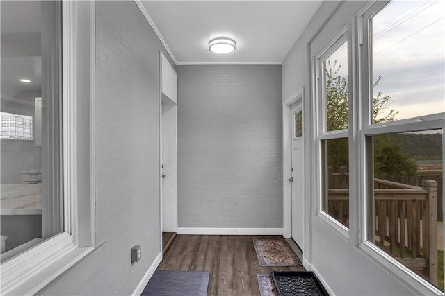 entryway featuring baseboards, ornamental molding, and dark wood-style floors