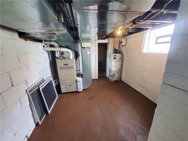 basement featuring gas water heater and visible vents