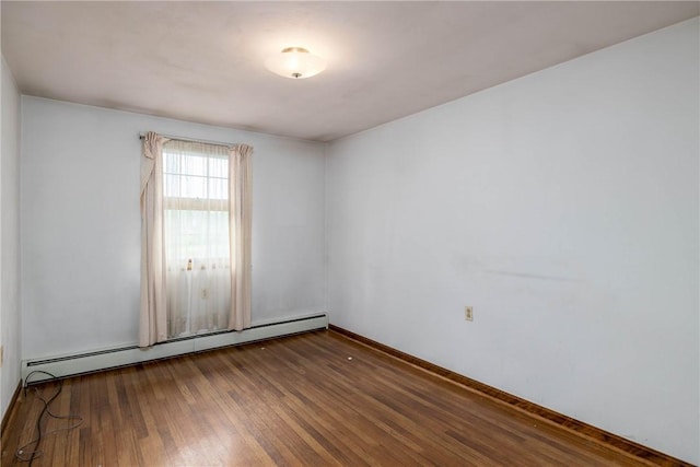 unfurnished room with wood-type flooring and a baseboard radiator