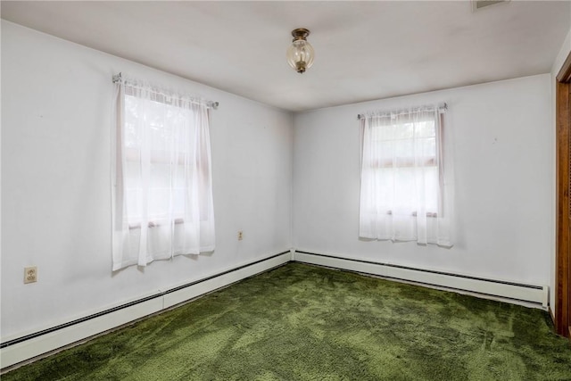 unfurnished room with carpet floors, plenty of natural light, and a baseboard radiator