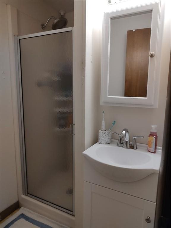 bathroom with a shower stall and vanity