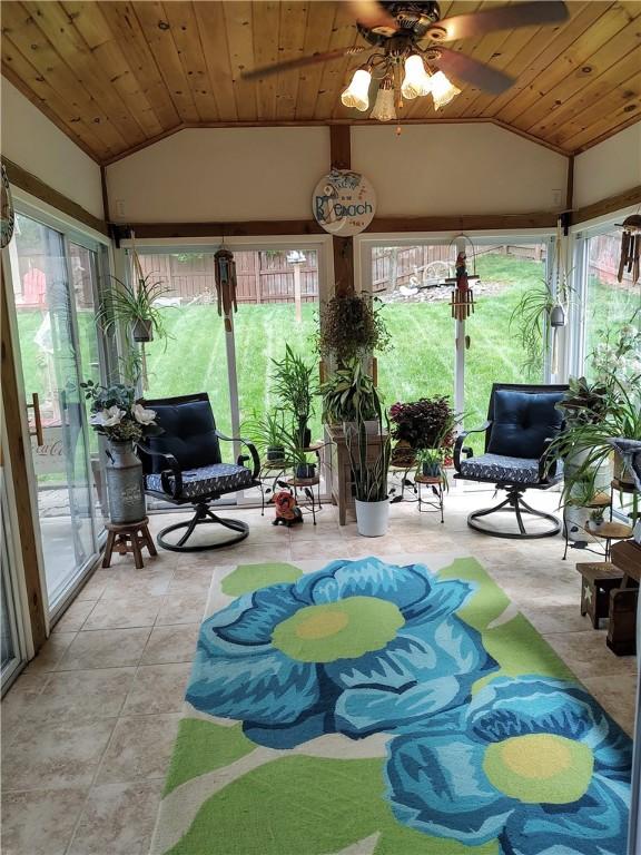100 Forest Dr, Natrona Hts/Harrison Twp, PA 15065 - sunroom featuring lofted ceiling, wood ceiling, and a ceiling fan