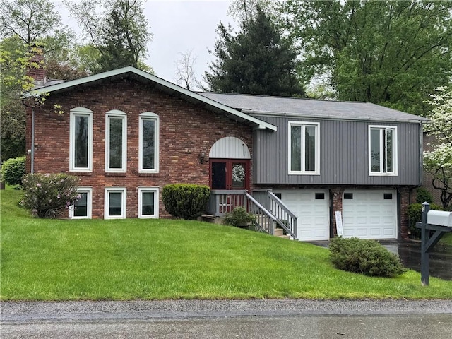 5 Firwood Dr, Plum Boro, PA 15239 - bi-level home with a chimney, an attached garage, a front yard, and brick siding