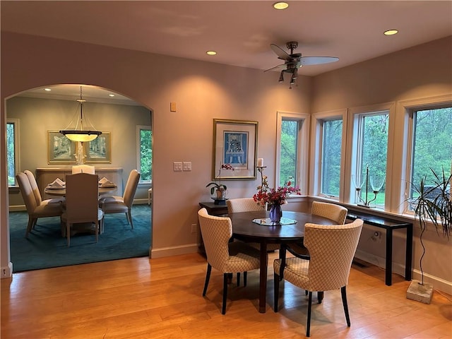 337 Saratoga Dr, South Union Twp, PA 15401 - dining area with arched walkways, a ceiling fan, recessed lighting, and light wood-style flooring