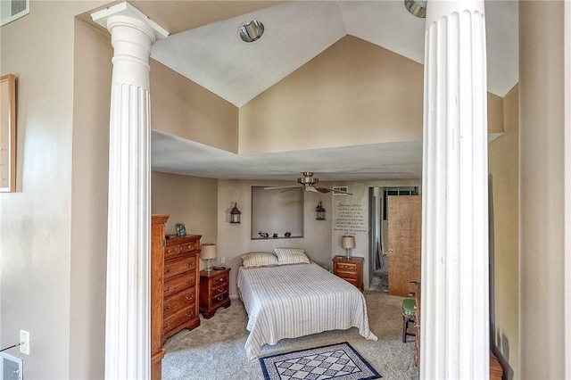 carpeted bedroom with ornate columns, a ceiling fan, visible vents, and lofted ceiling