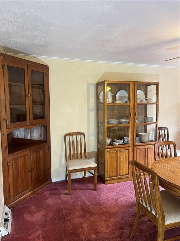 carpeted dining space featuring a textured ceiling