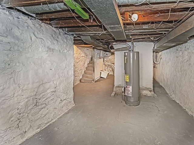 unfinished below grade area featuring water heater