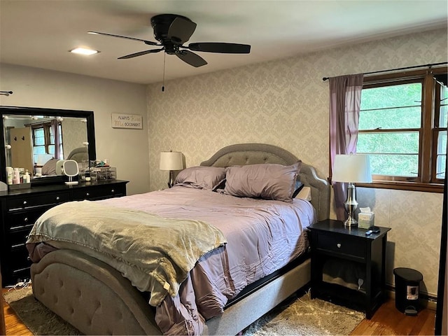 440 School St, Indiana Boro Ind, PA 15701 - bedroom with a ceiling fan, wood finished floors, and wallpapered walls