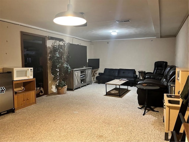 440 School St, Indiana Boro Ind, PA 15701 - living room featuring crown molding, visible vents, and carpet