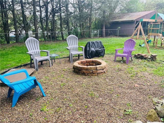 440 School St, Indiana Boro Ind, PA 15701 - view of yard featuring a fenced backyard, a playground, and an outdoor fire pit