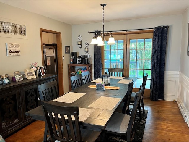 440 School St, Indiana Boro Ind, PA 15701 - dining area featuring a notable chandelier, wainscoting, wood finished floors, and visible vents